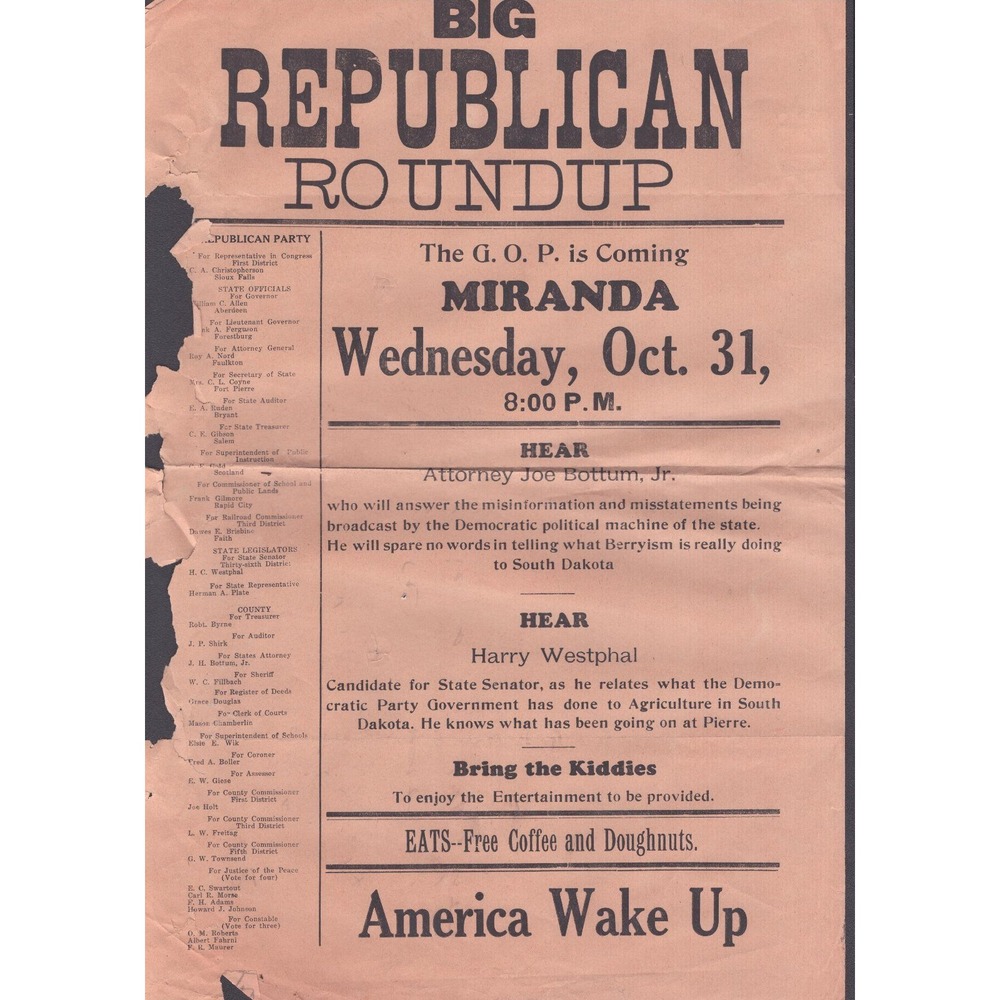 Vintage Big Republican Roundup Miranda South Dakota Political Poster Broadside